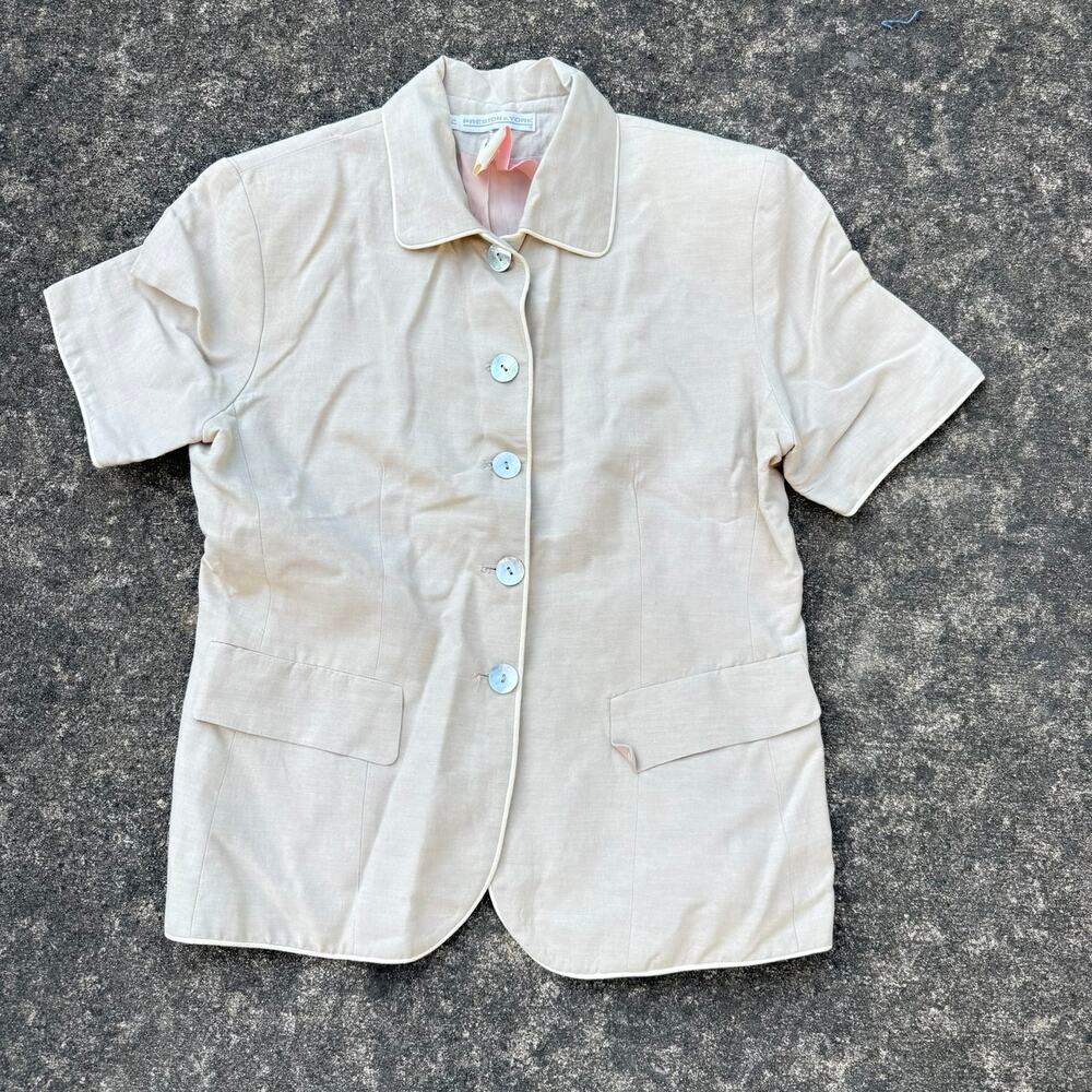 Preston & York Beige Linen Blend Short Sleeve Blouse Size 12 Vintage
